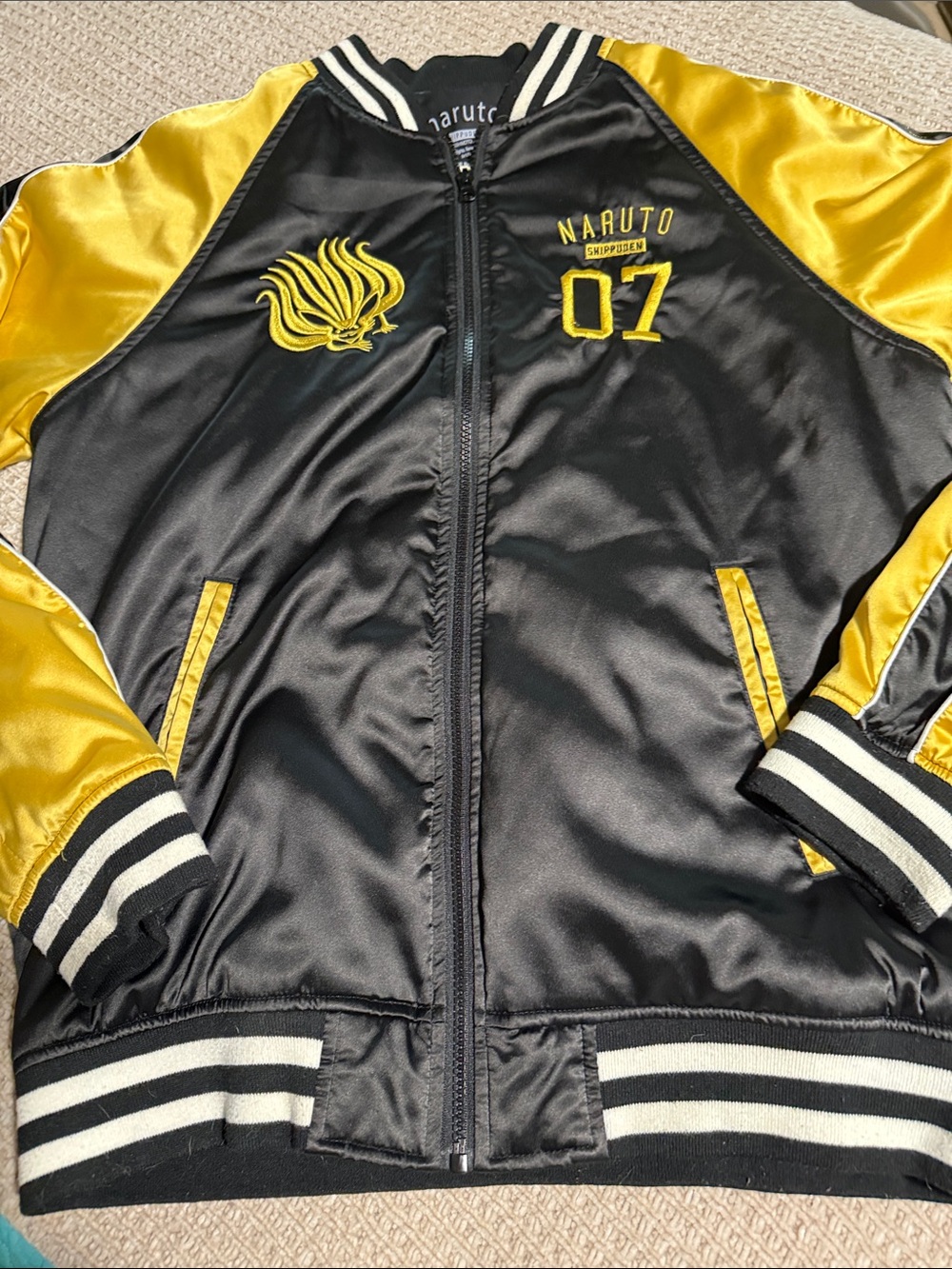Naruto Shippuden Nine-Tails Satin Black & Yellow Bomber Jacket - Size Large